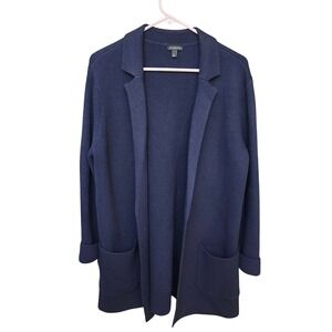 Talbots Navy Blue Knit Collarless Open Front Long Cardigan Sweater Jacket Size S